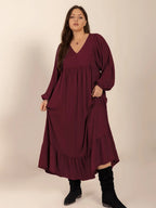 Plus Size Ruffled Hem V-Neck Balloon Sleeve Dress - LoveNest Treasures