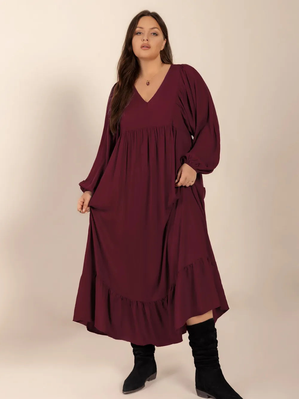 Plus Size Ruffled Hem V-Neck Balloon Sleeve Dress - LoveNest Treasures