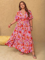 Plus Size Slit Floral V-Neck Half Sleeve Maxi Dress - LoveNest Treasures