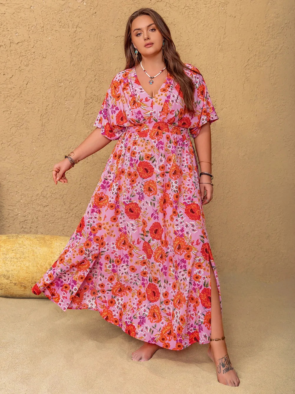 Plus Size Slit Floral V-Neck Half Sleeve Maxi Dress - LoveNest Treasures