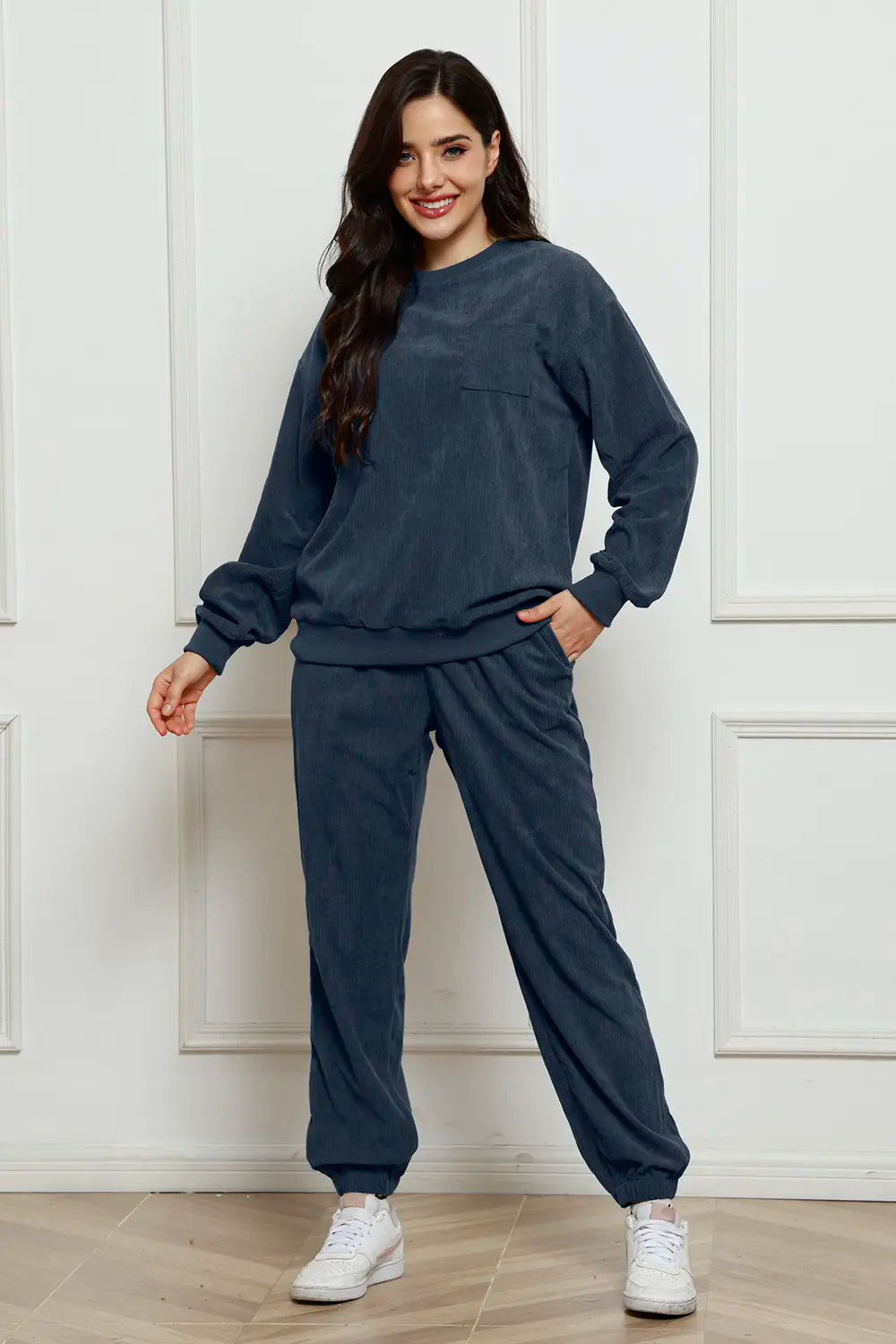 Corduroy Round Neck Sweatshirt and Sweatpants Set - LoveNest Treasures
