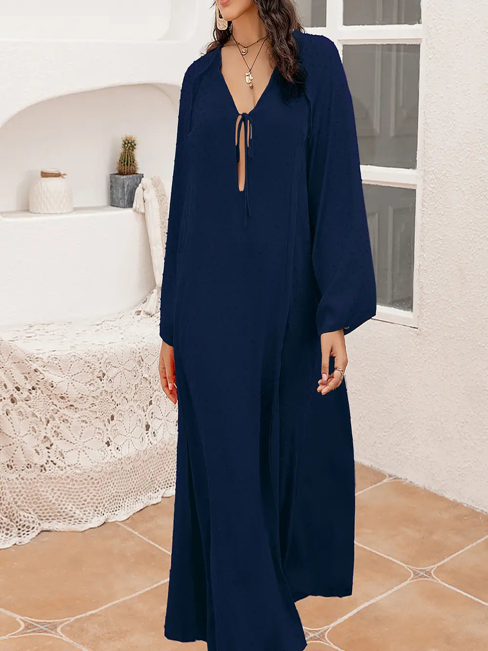 Plus Size Tie Neck Long Sleeve Slit Dress - LoveNest Treasures