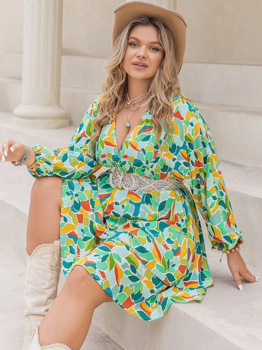Plus Size Printed Surplice Long Sleeve Mini Dress - LoveNest Treasures