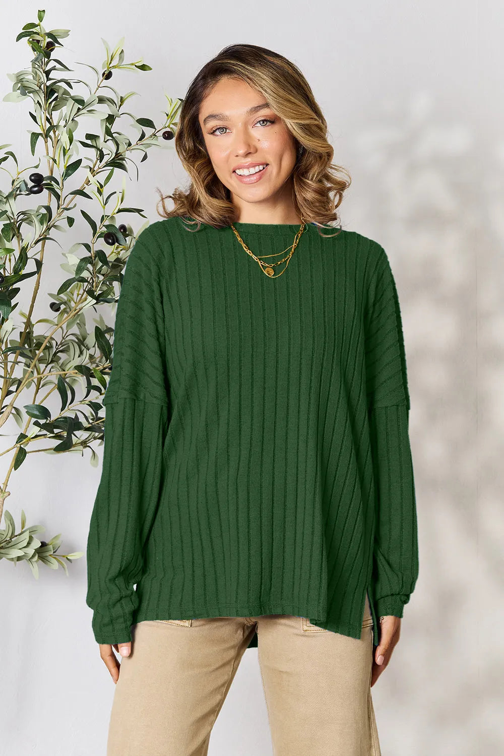 Basic Bae Full Size Ribbed Round Neck Slit Knit Top - LoveNest Treasures