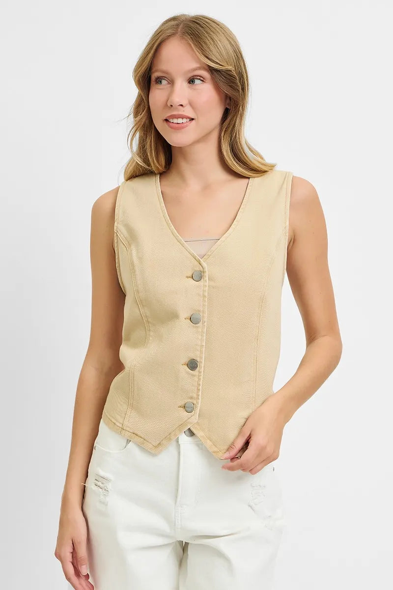 RISEN Full Size V Neck Button Down Vest Plus Size - LoveNest Treasures