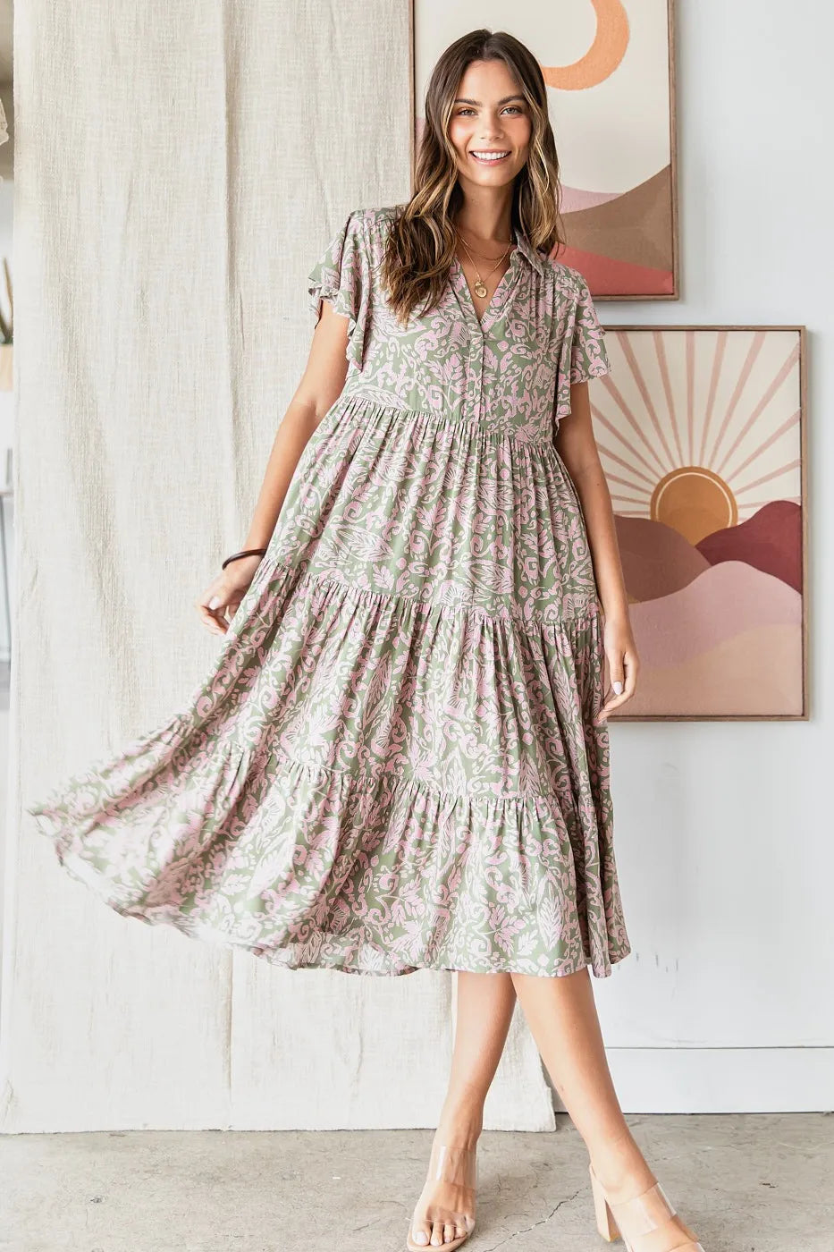 Mittoshop Abstract Print Ruffle Tier Midi Dress - LoveNest Treasures