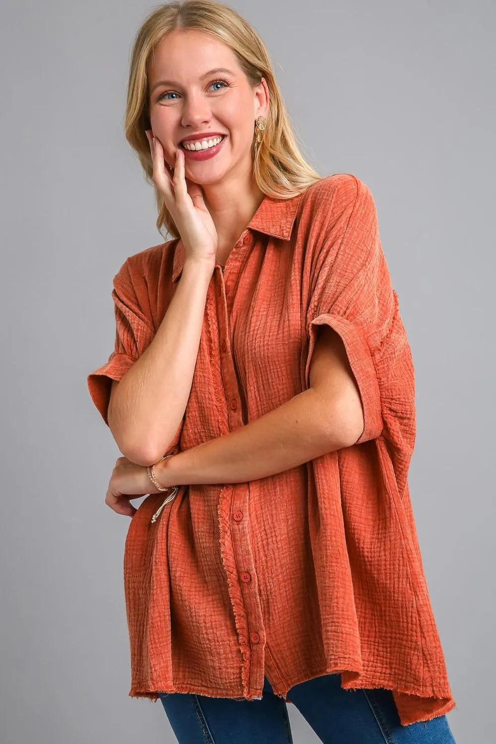 Umgee Full Size Cotton Gauze Mineral Wash Button Down Shirt Plus Size - LoveNest Treasures