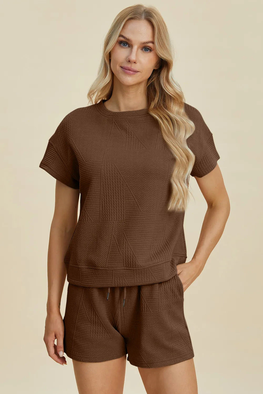 Double Take Full Size Texture Short Sleeve Top and Shorts Set - LoveNest Treasures