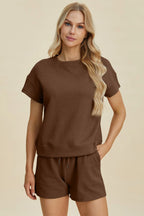 Double Take Full Size Texture Short Sleeve Top and Shorts Set - LoveNest Treasures