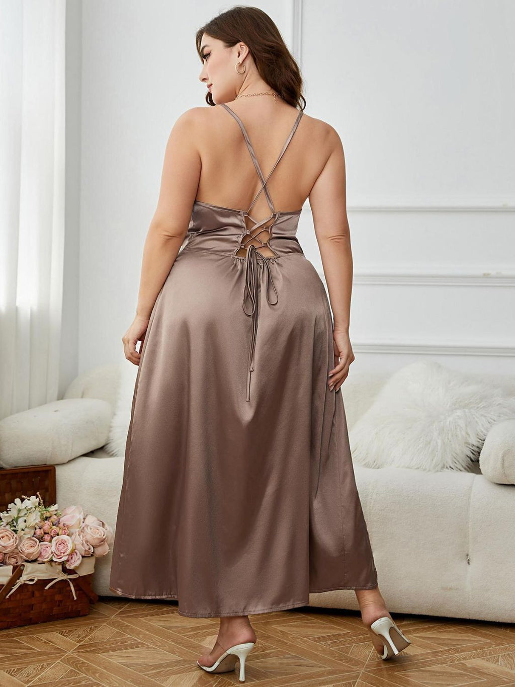Plus Size Lace-Up Spaghetti Strap Split Night Dress - LoveNest Treasures