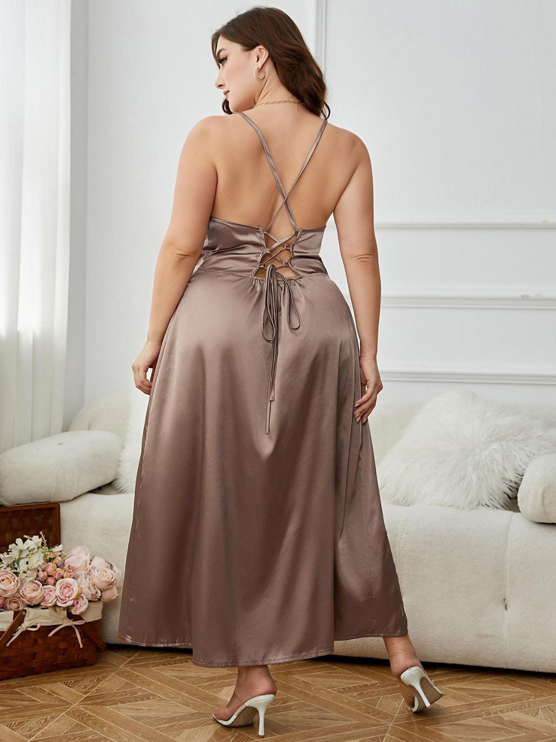 Plus Size Lace-Up Spaghetti Strap Split Night Dress - LoveNest Treasures