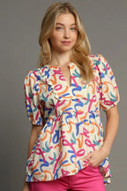 Umgee Full Size Mixed Print Puff Sleeve Babydoll Blouse Plus Size - LoveNest Treasures
