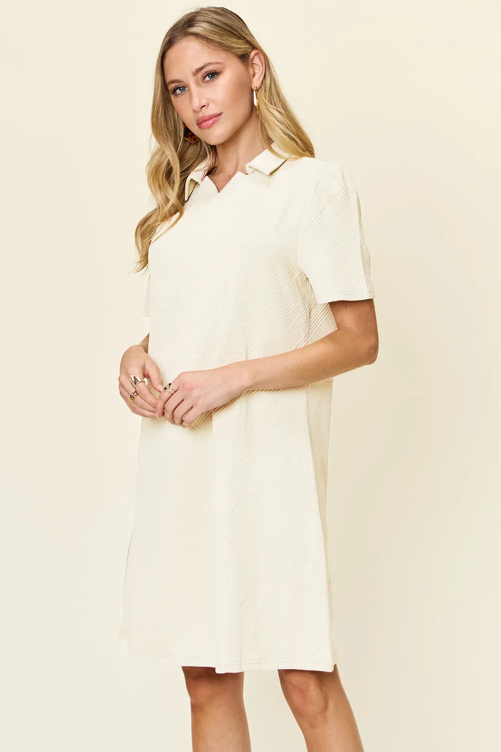 Double Take Full Size Texture Collared Neck Short Sleeve Dress - LoveNest Treasures