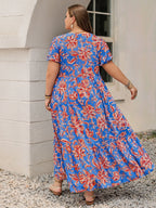 Plus Size Ruffled Printed V-Neck Short Sleeve Maxi Dress - LoveNest Treasures