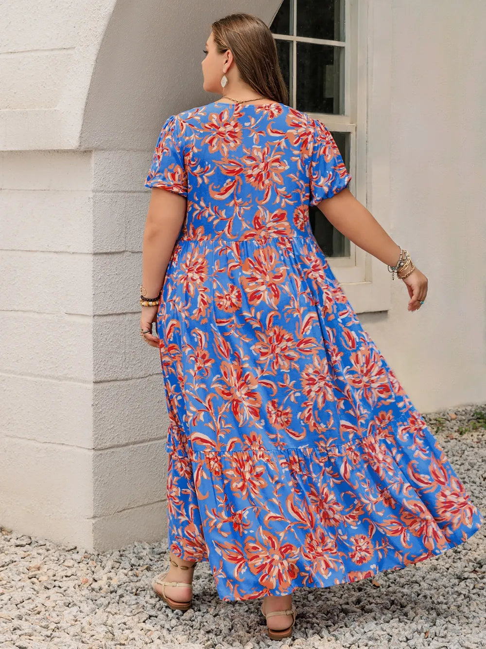 Plus Size Ruffled Printed V-Neck Short Sleeve Maxi Dress - LoveNest Treasures