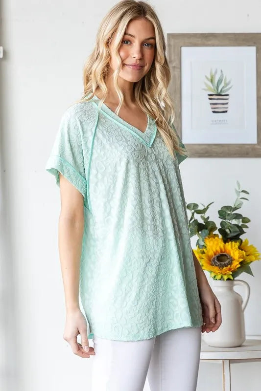Heimish Full Size Exposed Seam V-Neck Short Sleeve Leopard Top Plus Size - LoveNest Treasures