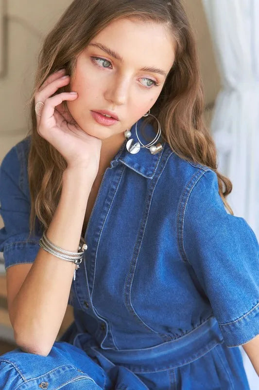 ADORA Tiered Button Down Tie Waist Short Sleeve Denim Dress - LoveNest Treasures