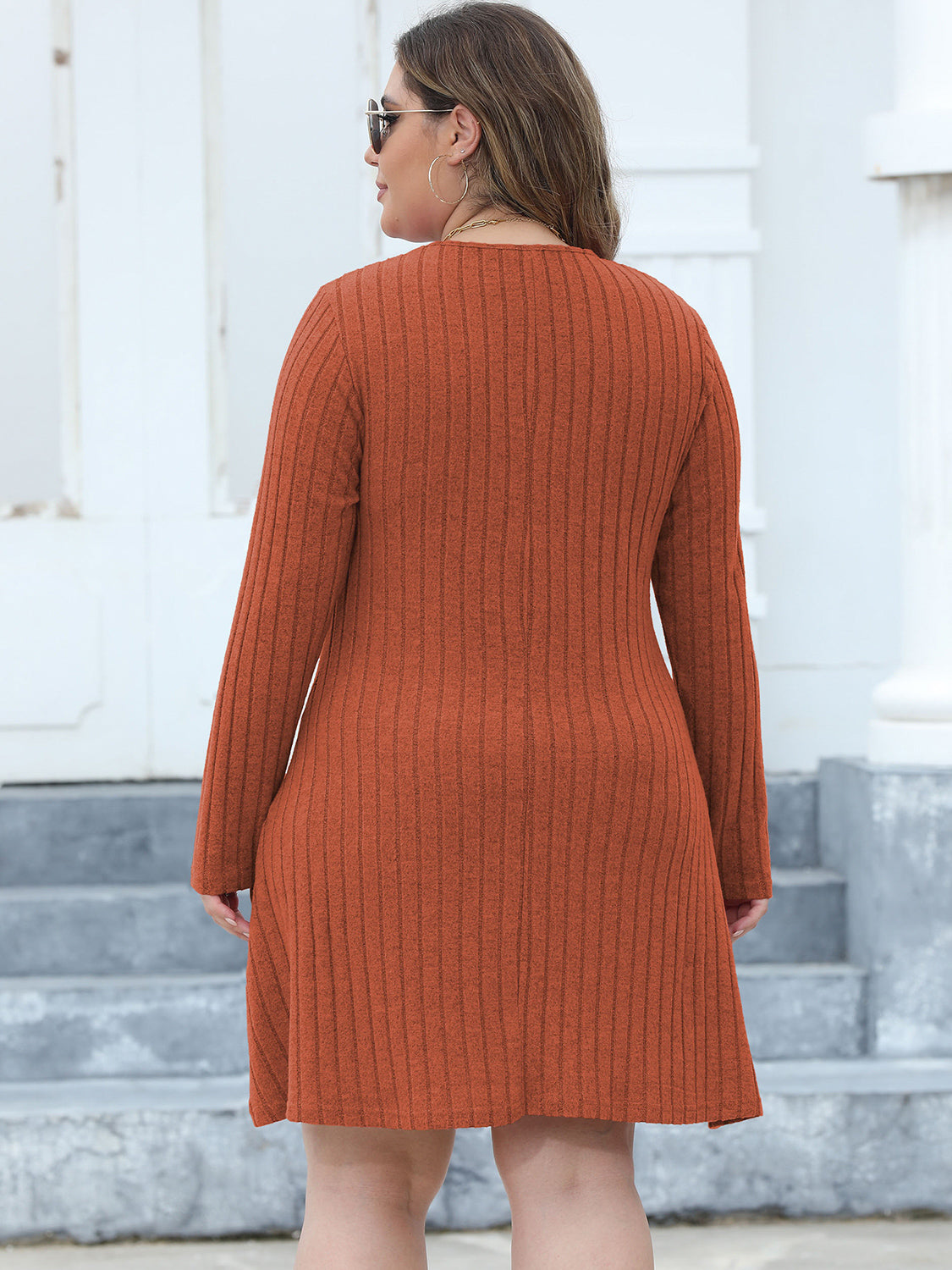 Plus Size Ribbed Buttoned V-Neck Long Sleeve Dress - LoveNest Treasures