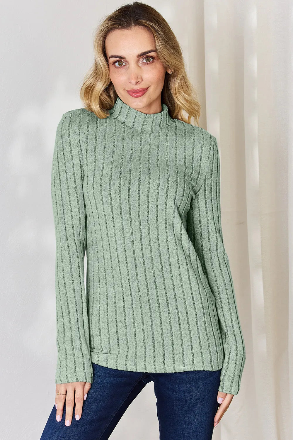 Basic Bae Full Size Ribbed Mock Neck Long Sleeve T-Shirt - LoveNest Treasures