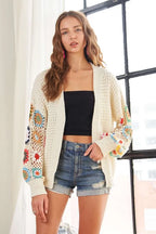 ADORA Full Size Contrast Crochet Open Front Long Sleeve Cardigan - LoveNest Treasures