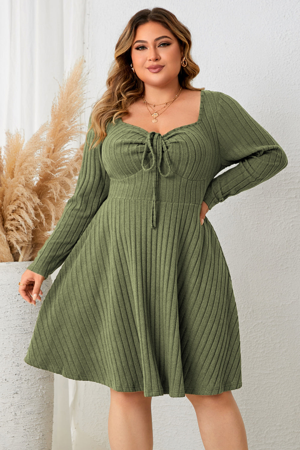 Honey Plus Size Sweetheart Neck Long Sleeve Ribbed Dress - LoveNest Treasures