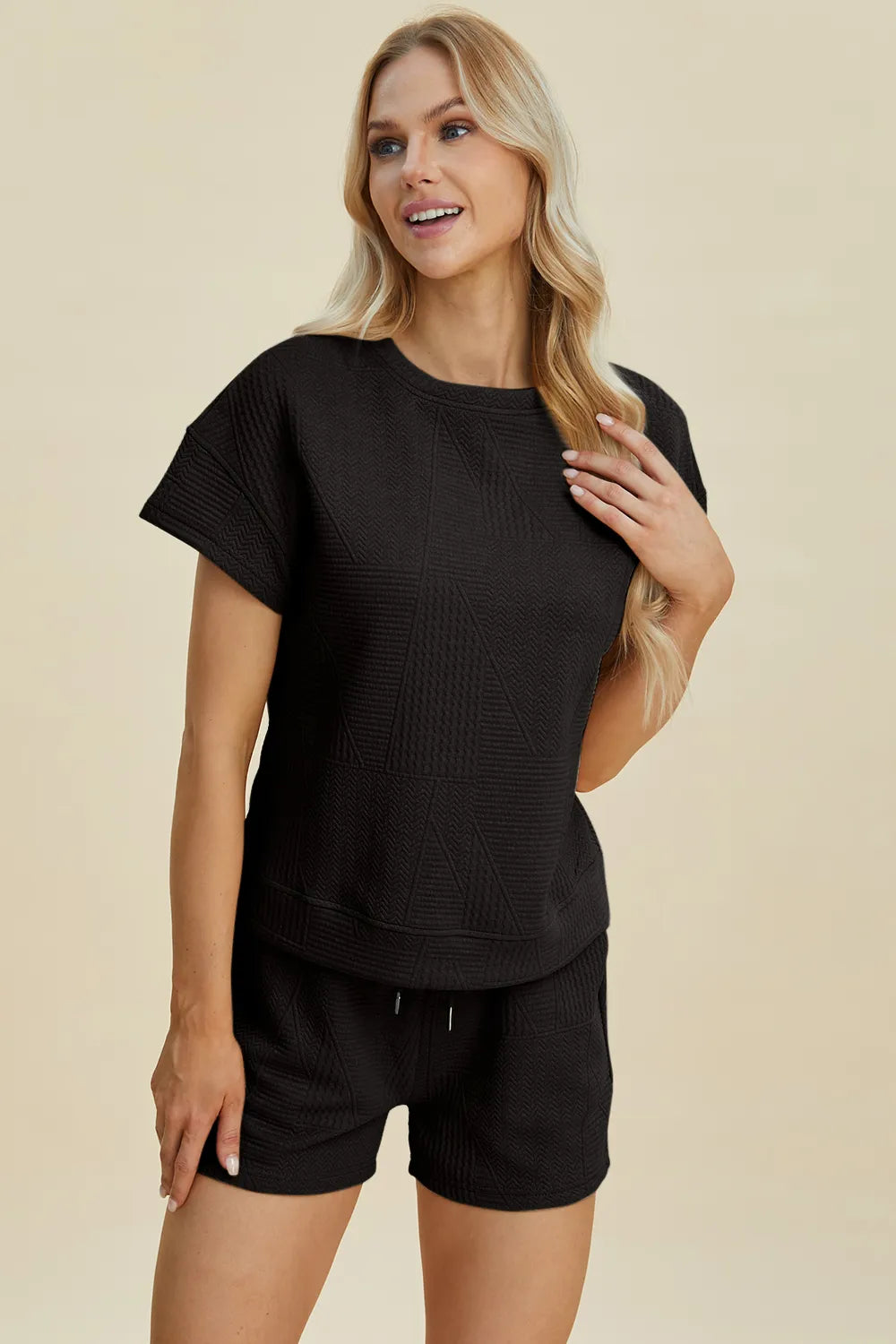 Double Take Full Size Texture Short Sleeve Top and Shorts Set - LoveNest Treasures