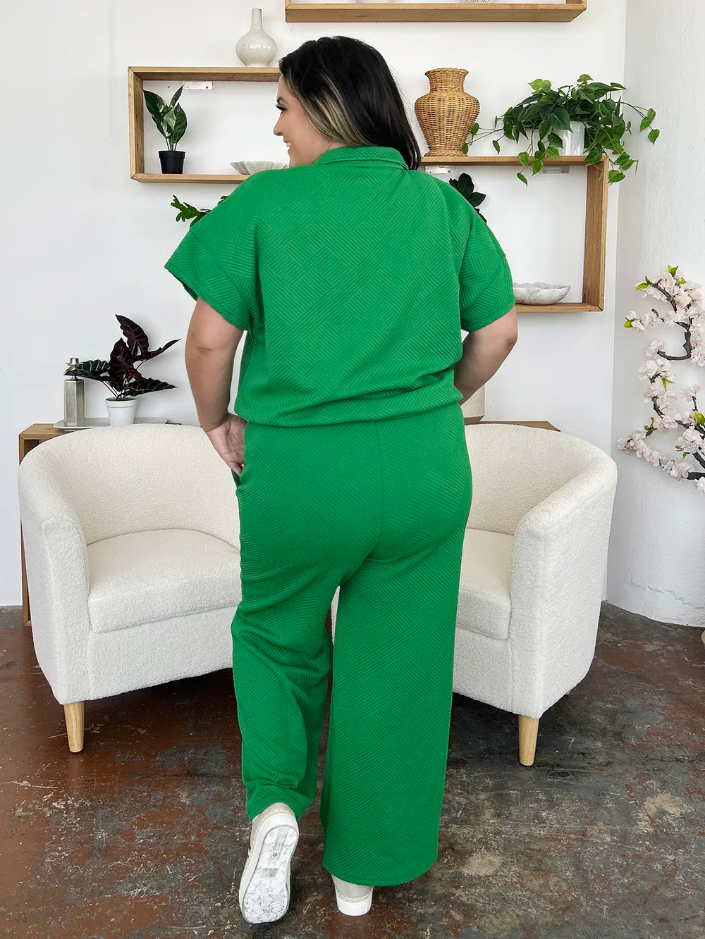 Double Take Full Size Texture Half Zip Short Sleeve Top and Pants Set - LoveNest Treasures
