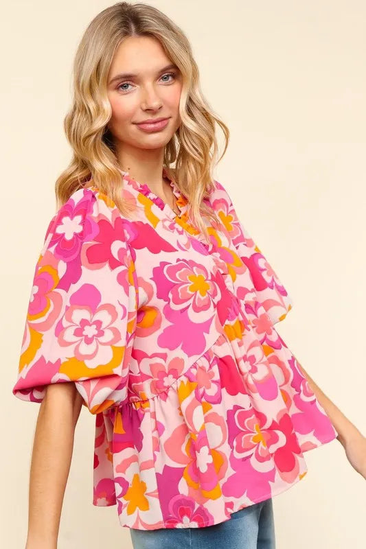 Haptics Full Size Frill Floral Puff Sleeve Blouse - LoveNest Treasures
