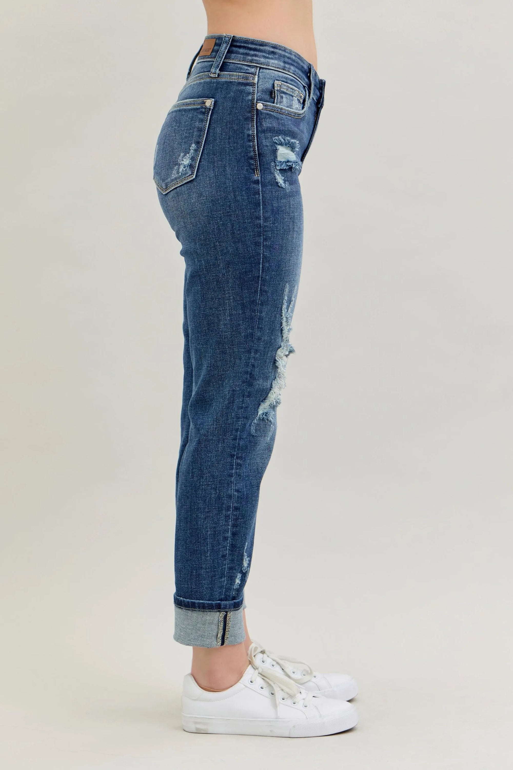 Judy Blue Full Size Mid Rise Cuffed Destroy Bf Jeans Plus Size - LoveNest Treasures
