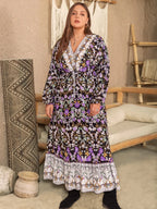 Plus Size V-Neck Balloon Sleeve Printed Midi Dress - LoveNest Treasures