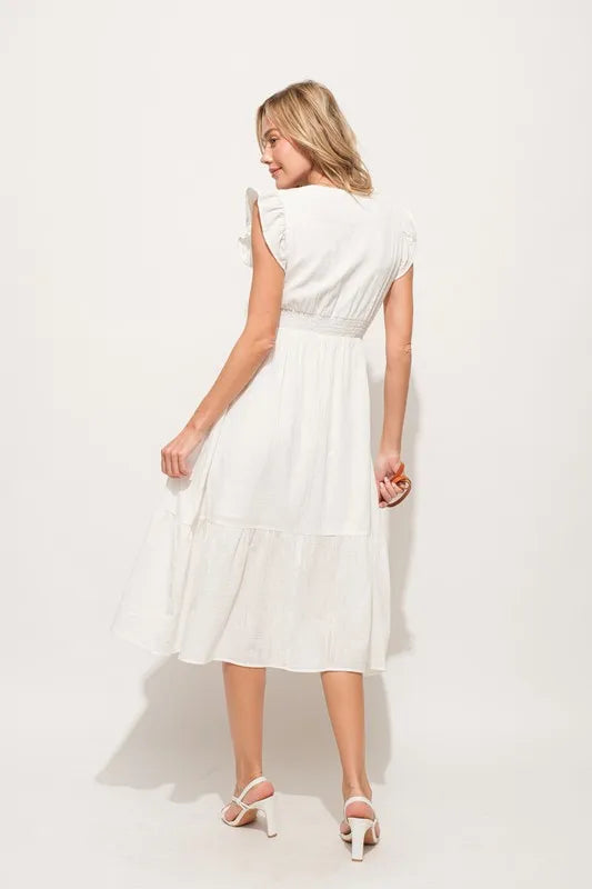 And The Why Ruffle Sleeve Front Smocked Tiered Midi Dress - LoveNest Treasures