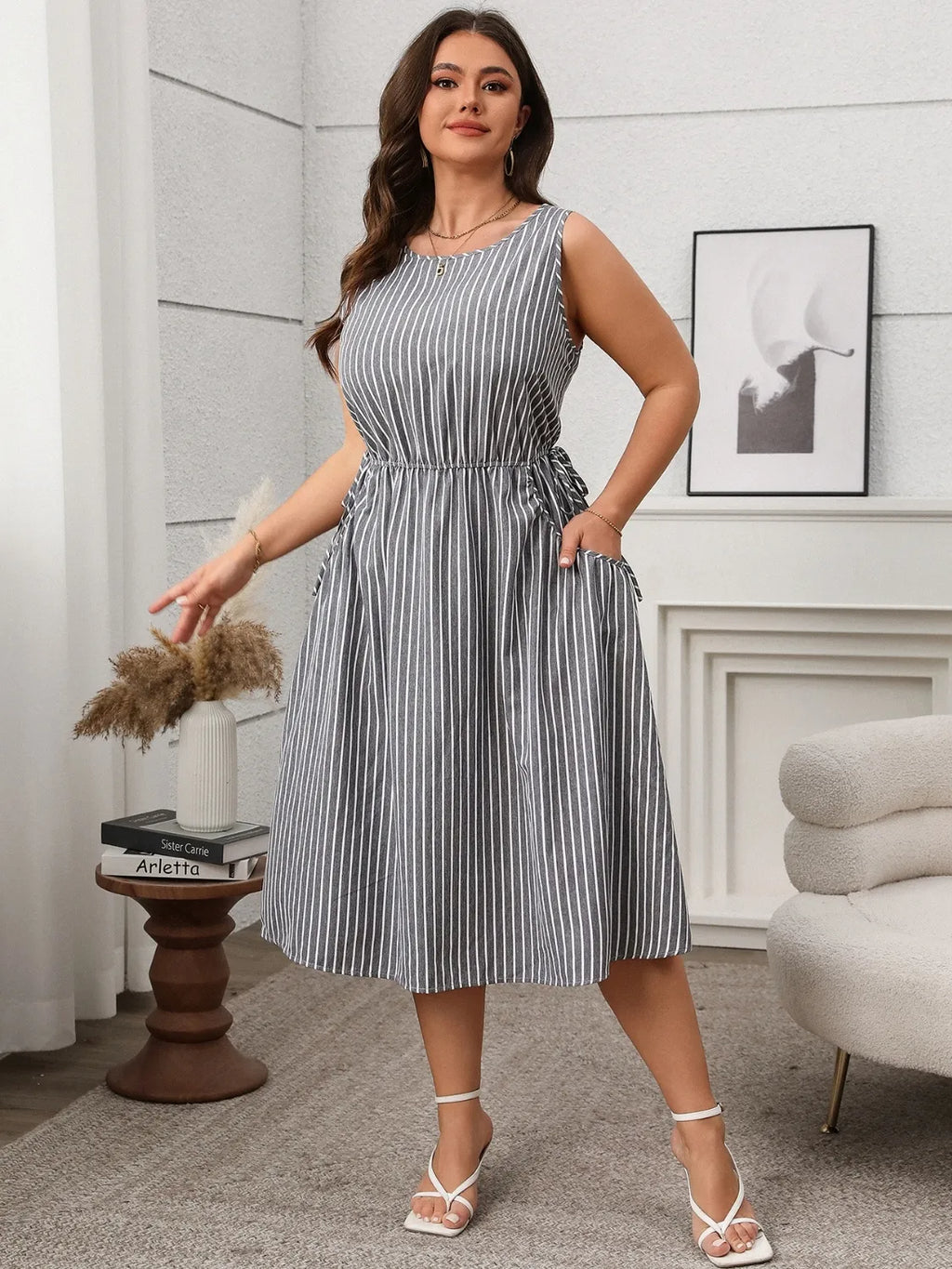 Plus Size Striped Round Neck Sleeveless Dress - LoveNest Treasures