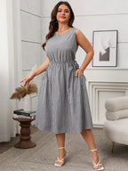 Plus Size Striped Round Neck Sleeveless Dress - LoveNest Treasures