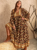 Plus Size Printed V-Neck Balloon Sleeve Dress - LoveNest Treasures