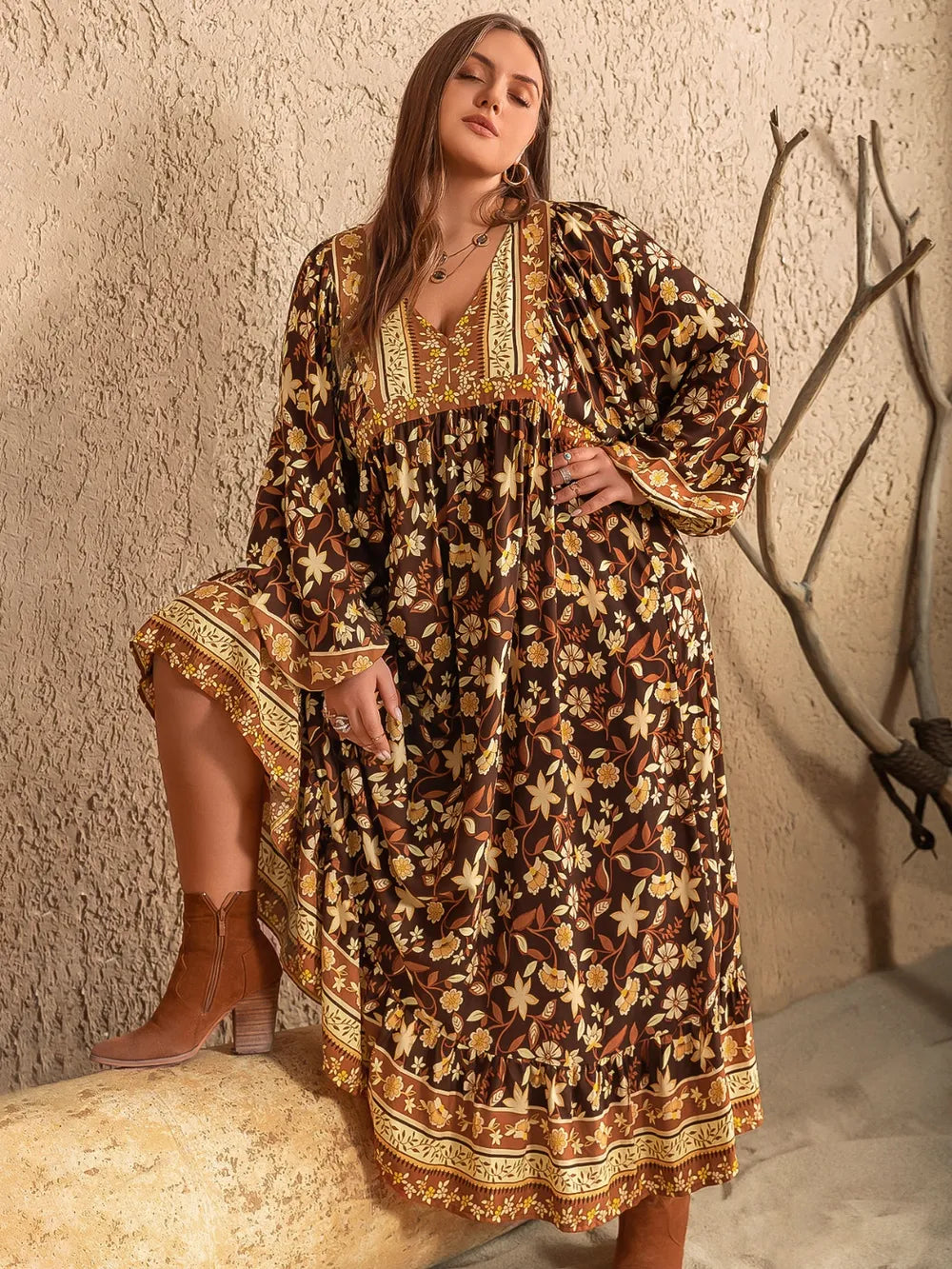 Plus Size Printed V-Neck Balloon Sleeve Dress - LoveNest Treasures