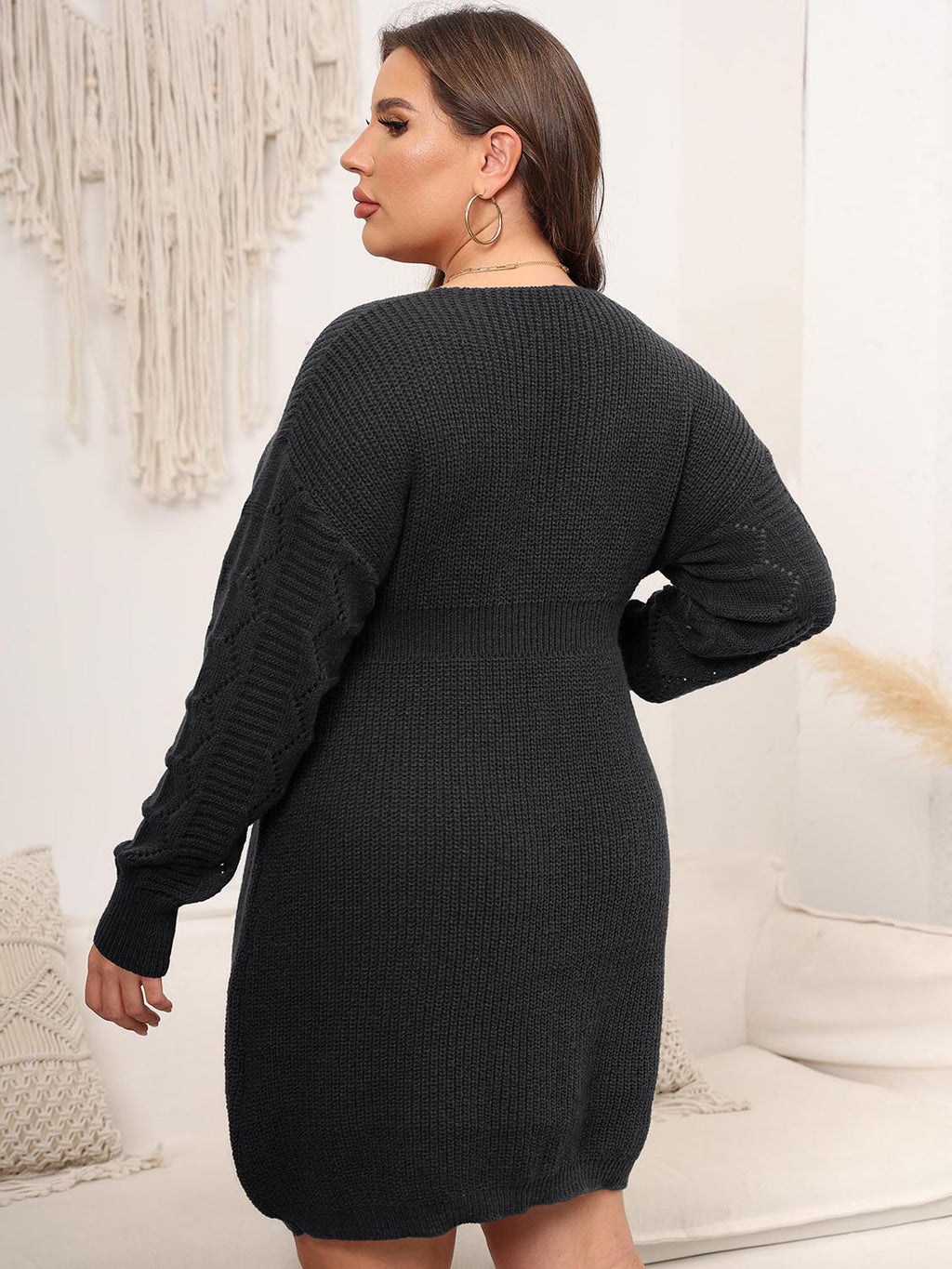 Plus Size Dropped Shoulder Long Sleeve Knit Mini Dress - LoveNest Treasures