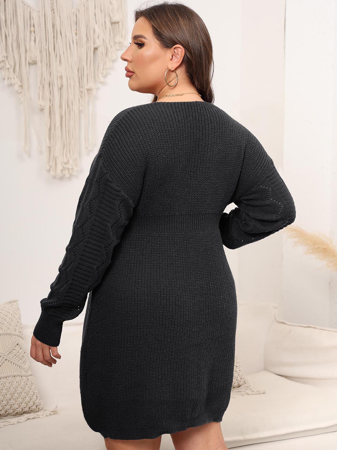 Plus Size Dropped Shoulder Long Sleeve Knit Mini Dress - LoveNest Treasures