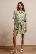 BiBi Tied Floral Short Sleeve Mini Shirt Dress - LoveNest Treasures