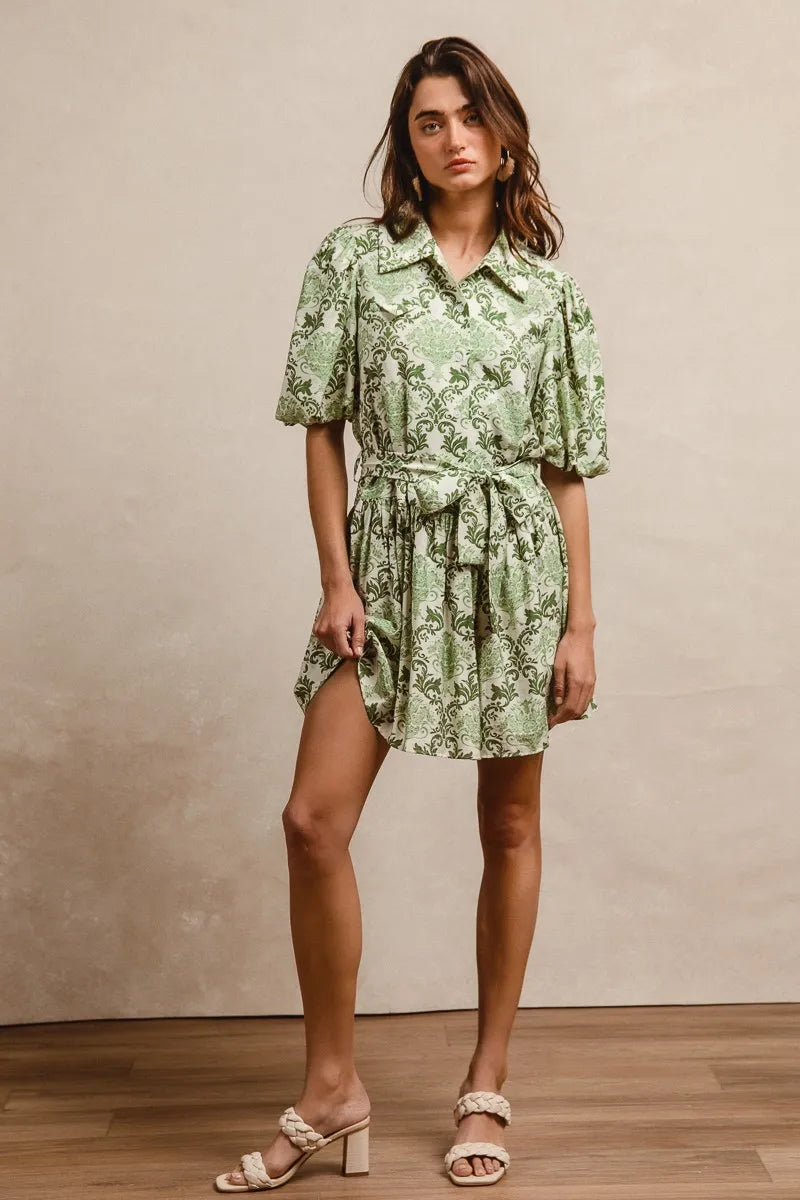 BiBi Tied Floral Short Sleeve Mini Shirt Dress - LoveNest Treasures
