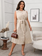 Plus Size Button Front Tie Waist Sleeveless Dress - LoveNest Treasures