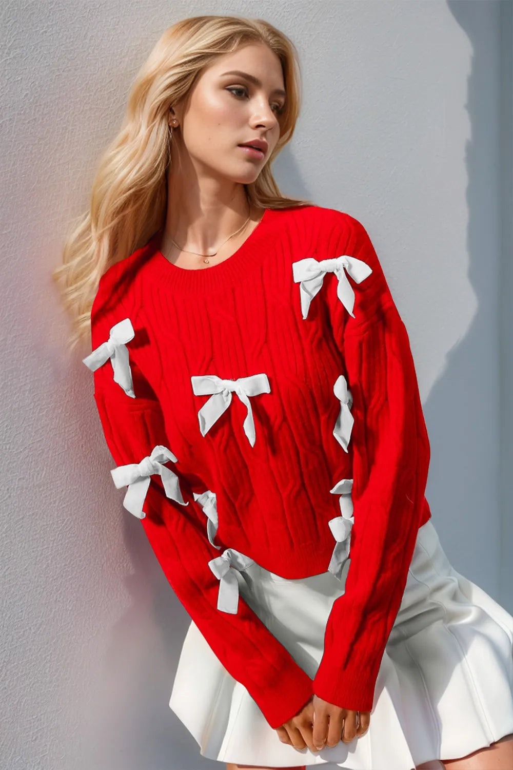 Double Take Full Size Bow Cable-Knit Round Neck Sweater - LoveNest Treasures