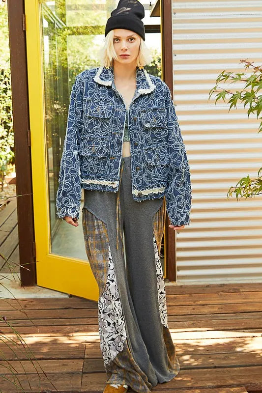 POL Flower Textured Raw Hem Long Sleeve Denim Jacket - LoveNest Treasures