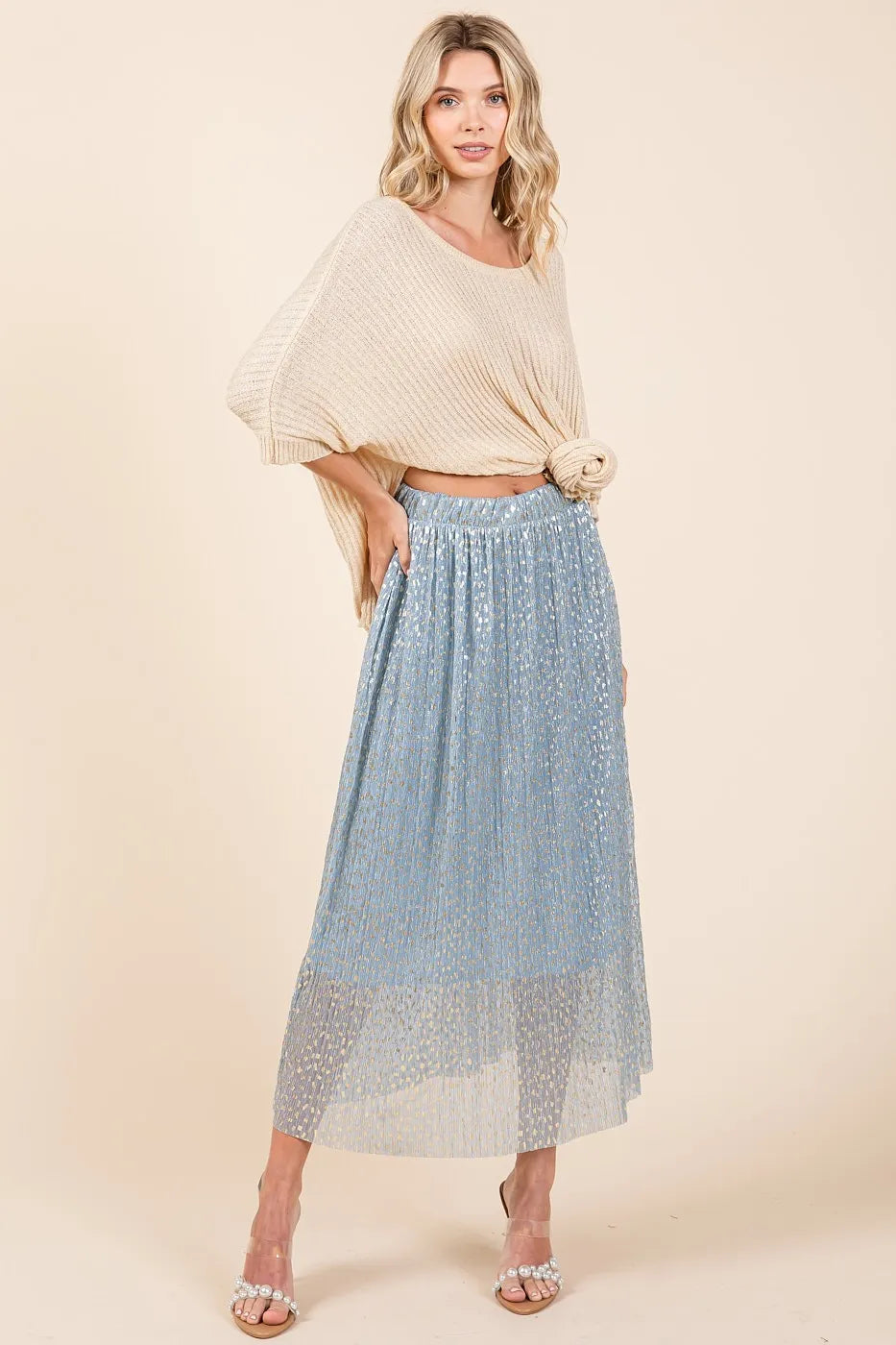 Mittoshop Metallic Glitter Speckle Print Elastic Midi Skirt - LoveNest Treasures