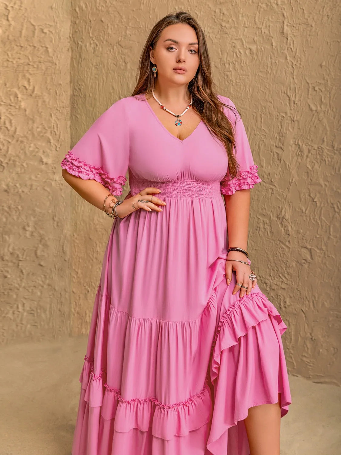 Plus Size V-Neck Half Sleeve Maxi Dress - LoveNest Treasures
