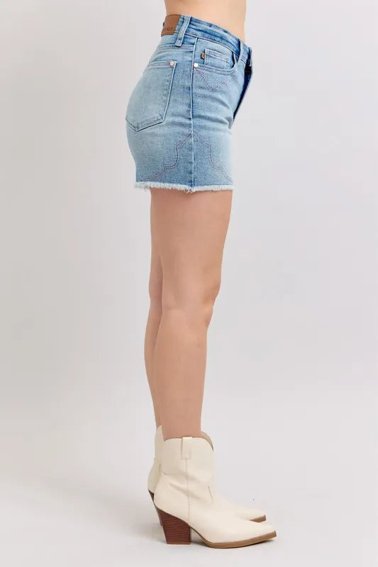 Judy Blue Full Size High Waist Western Embroidery Detail Cut Off Denim Shorts Plus Size - LoveNest Treasures
