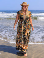 Plus Size Printed V-Neck Ruffle Cap Sleeve Maxi Dress - LoveNest Treasures