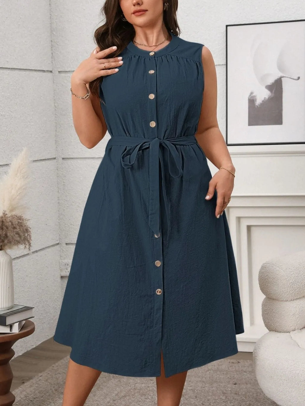 Plus Size Button Front Tie Waist Sleeveless Dress - LoveNest Treasures