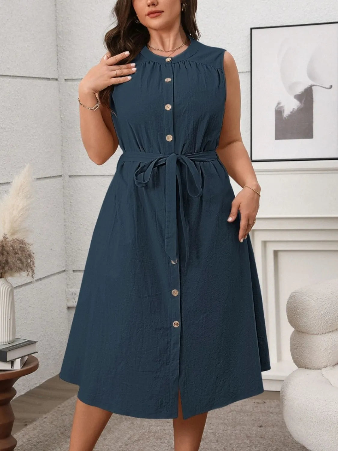 Plus Size Button Front Tie Waist Sleeveless Dress - LoveNest Treasures