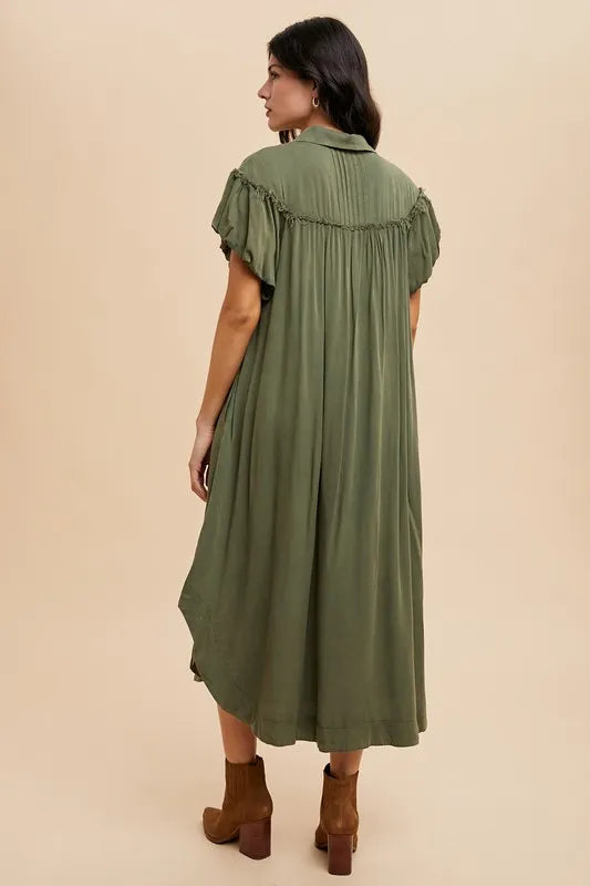Annie Wear Mineral Washed Button Down Puff Sleeve Shirt Dress - LoveNest Treasures