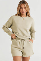 Double Take Full Size Texture Long Sleeve Top and Drawstring Shorts Set - LoveNest Treasures